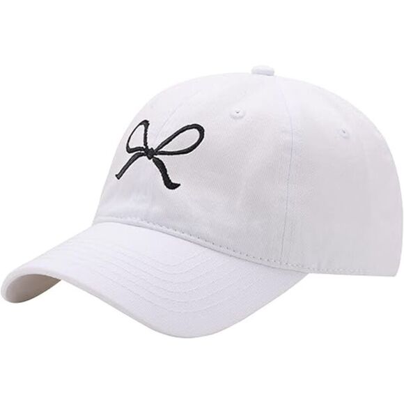 Unisex White Embroidered Bow Tie 100% Cotton Adjustable Classic Baseball Caps
